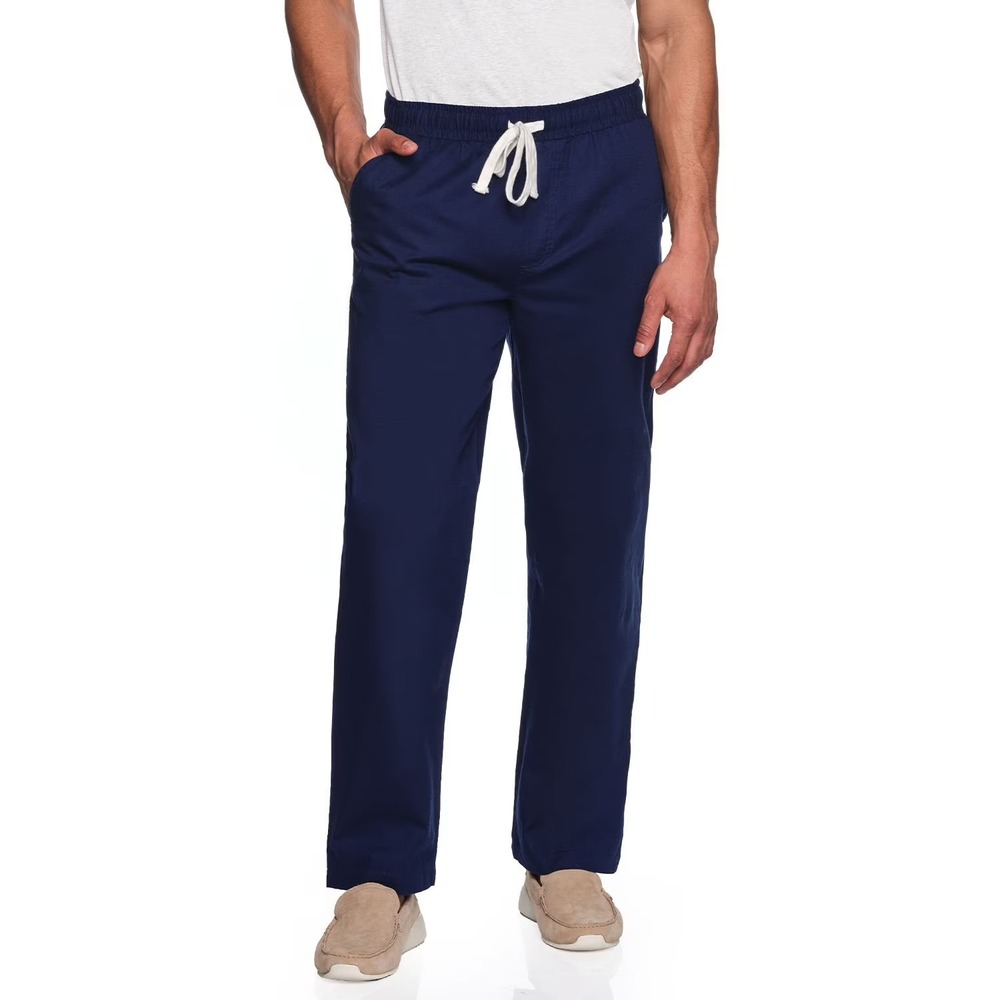 Lands' End Mens Cotton Linen Pull-On Pant XL Navy Blue Straight Leg NWT